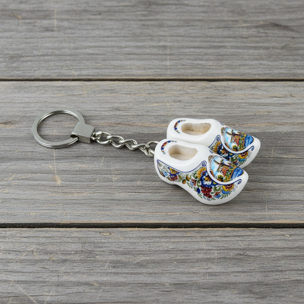 Keychain - 2 Wooden Shoes - White